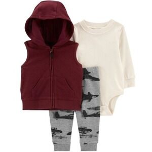 Carters Airplane Pattern Pants, Hooded Vest & Bodysuit Baby Boy 3 Piece Set 12M